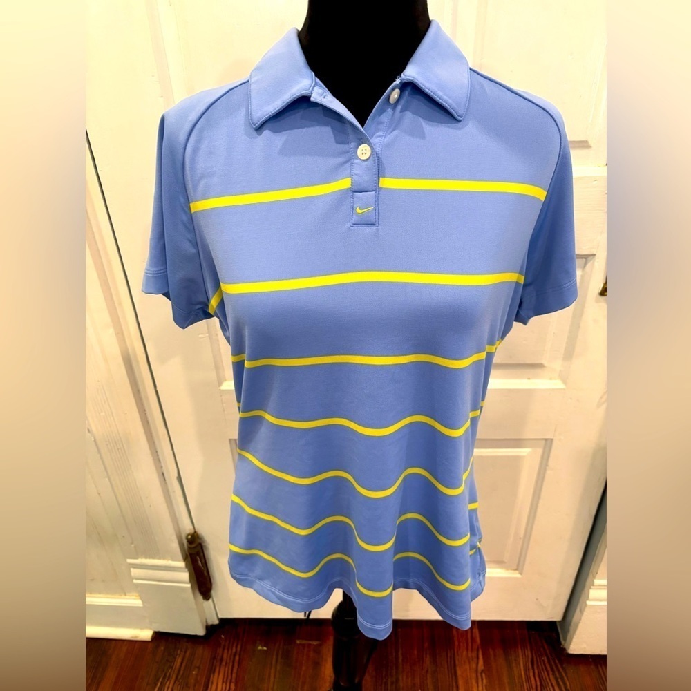 Nike Dri Fit Golf Striped Women’s Polo Collar Button Logo Sz Large